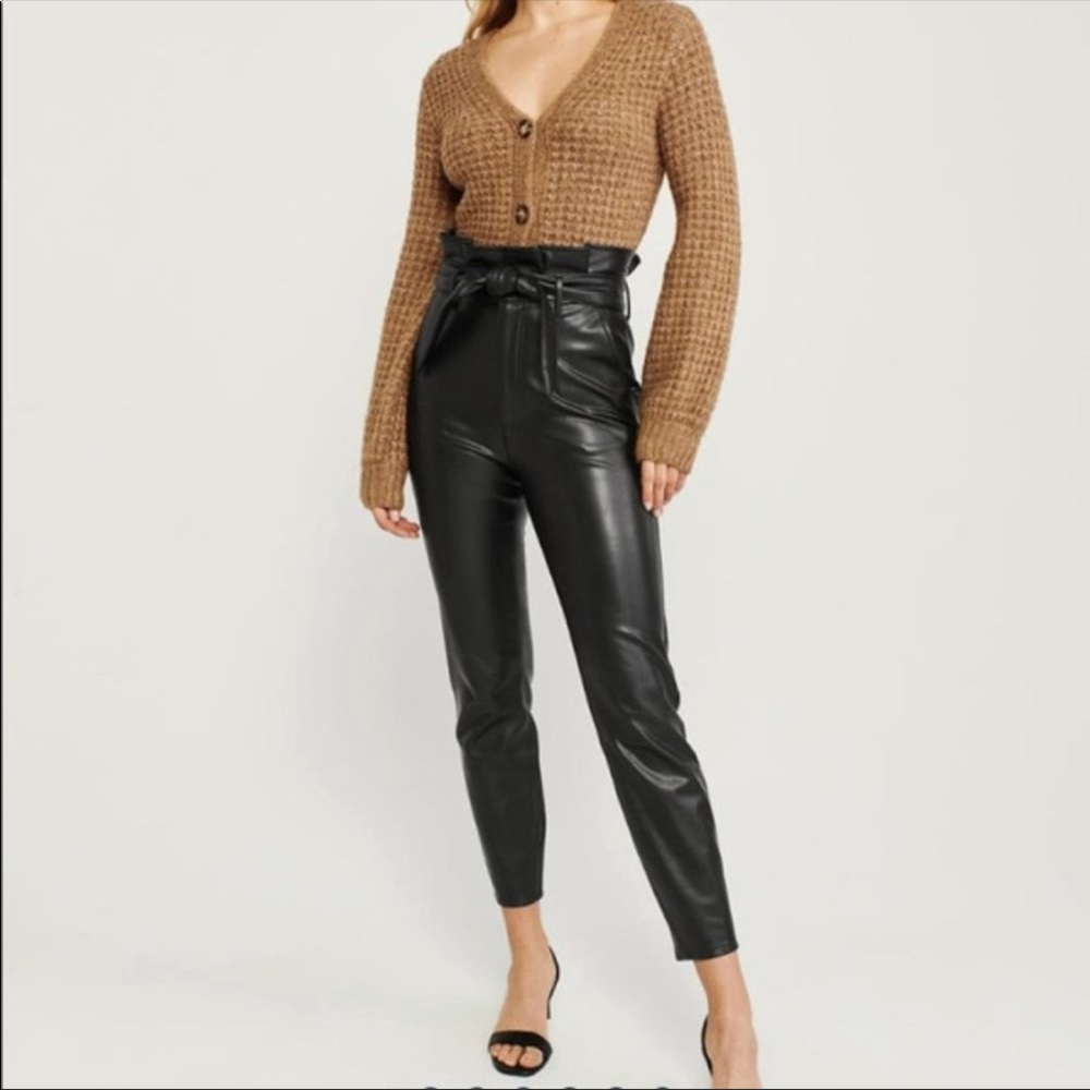 Abercrombie vegan leather high rise pants with cinched waist and tie belt